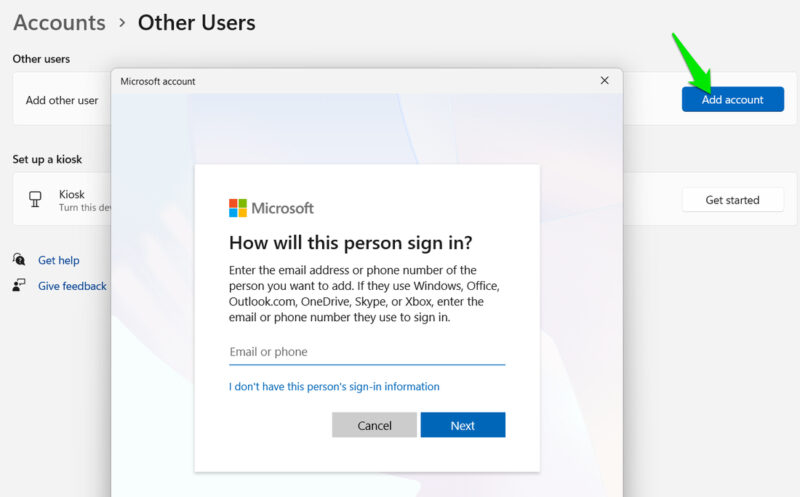Windows 11で新しい標準ユーザーアカウントを作成する画面の写真