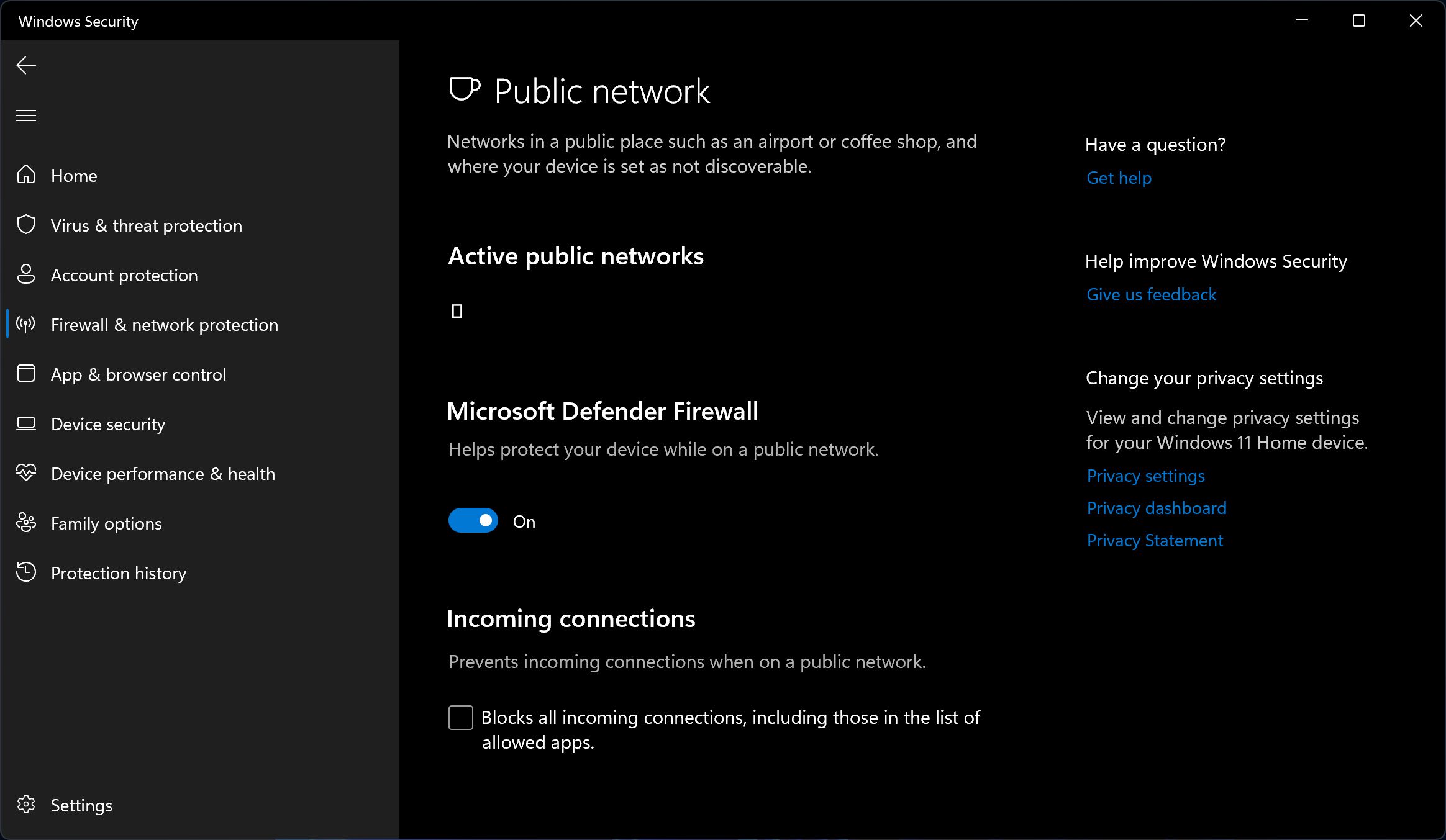 Окно безопасности Windows и параметры брандмауэра Microsoft Defender