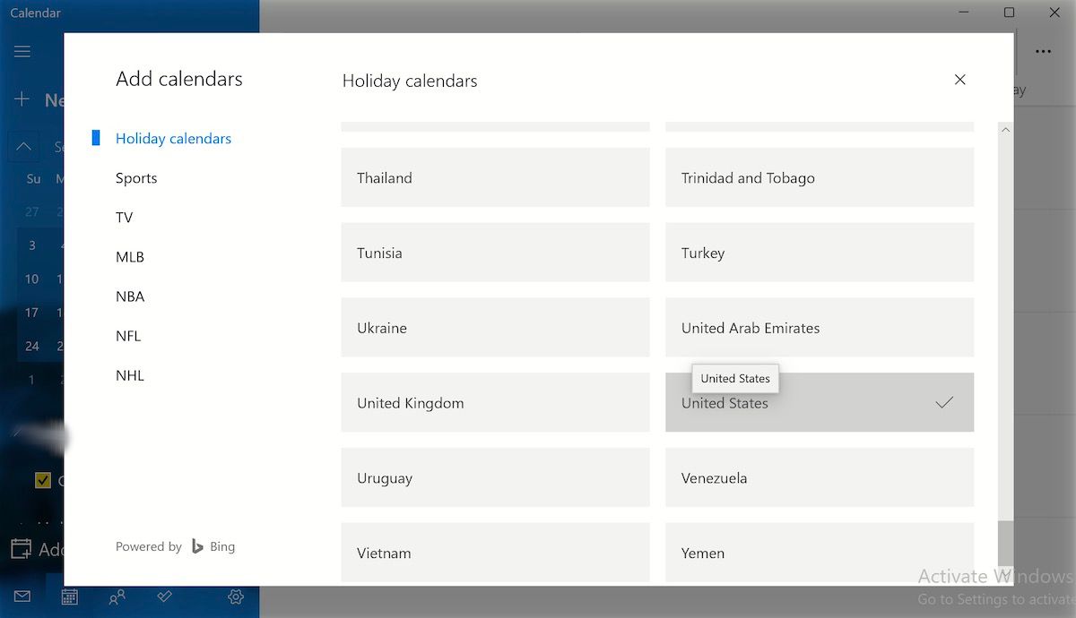 меню календарей в Windows 11