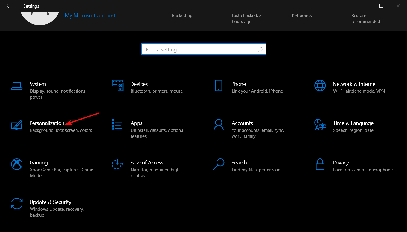 Параметры — Персонализация