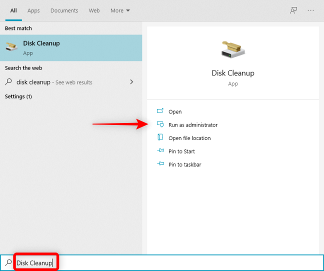 Введите Disk Cleanup в поиске Windows и запустите от имени администратора