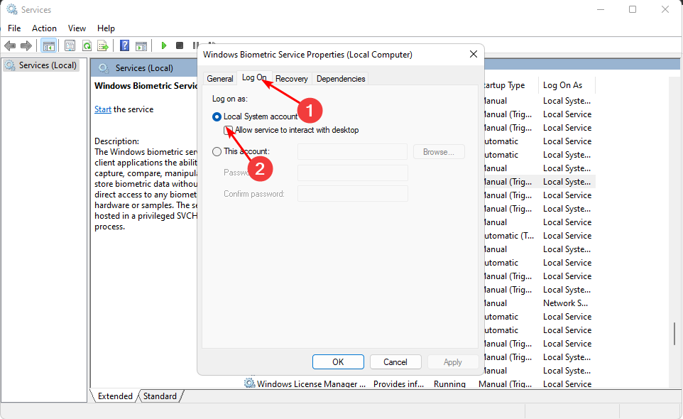 Параметры входа службы с опцией взаимодействия с рабочим столом