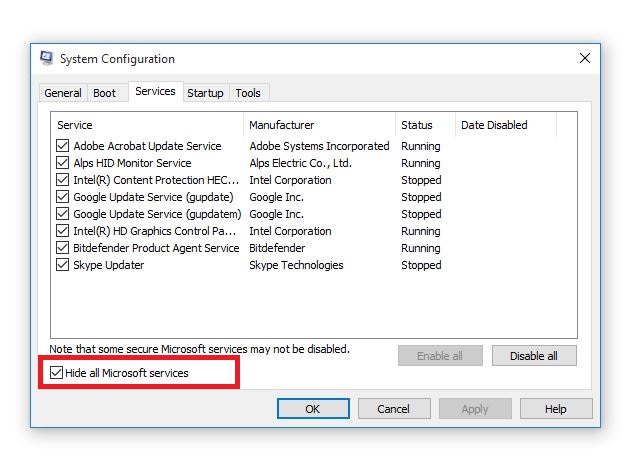 Опция «Скрыть все службы Майкрософт»