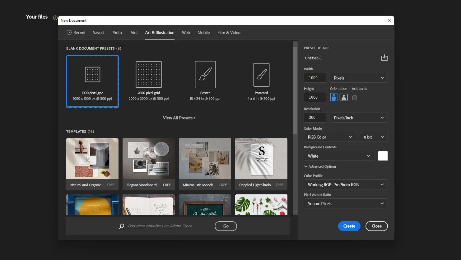 выбор предустановки Art & Illustration в диалоге создания файла