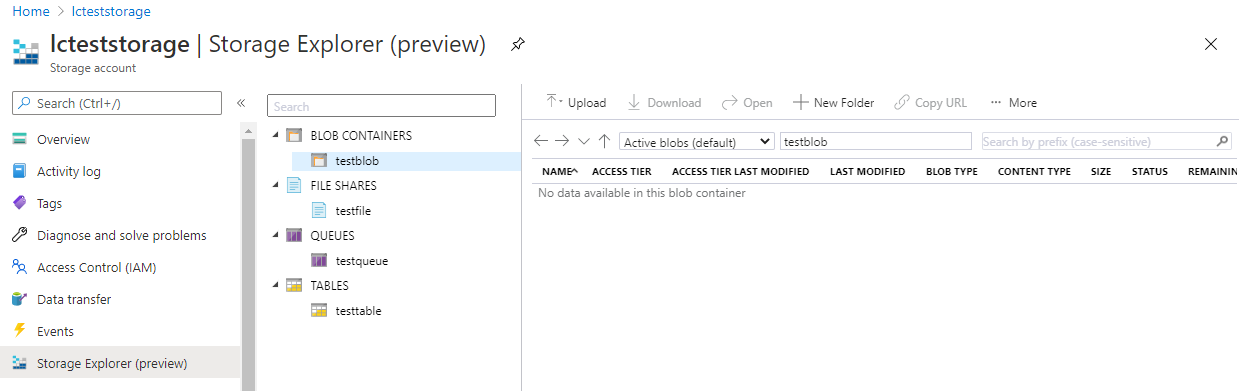 Опции для управления данными через Storage Explorer