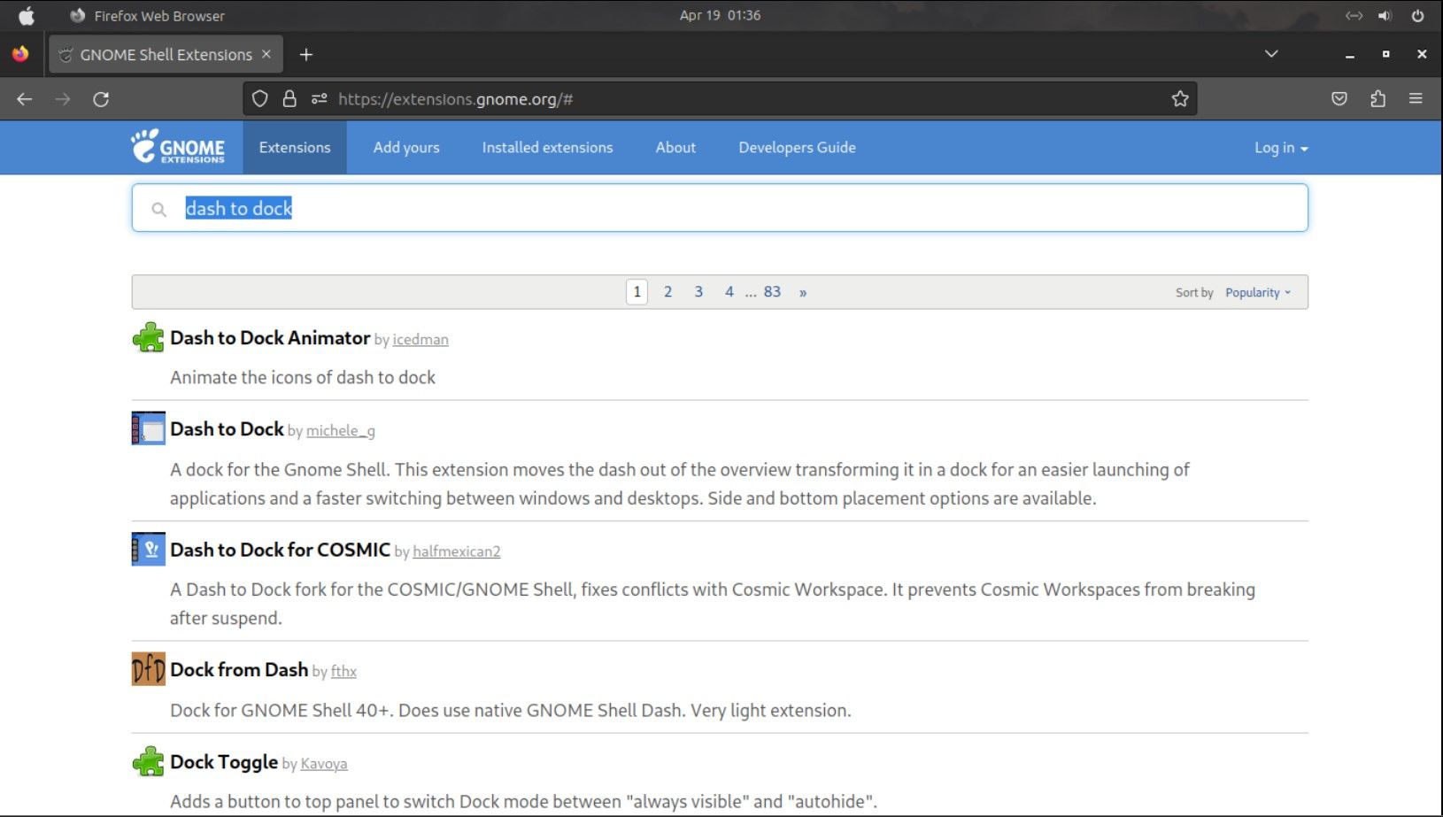 Веб-интерфейс сайта расширений GNOME с доступными дополнениями