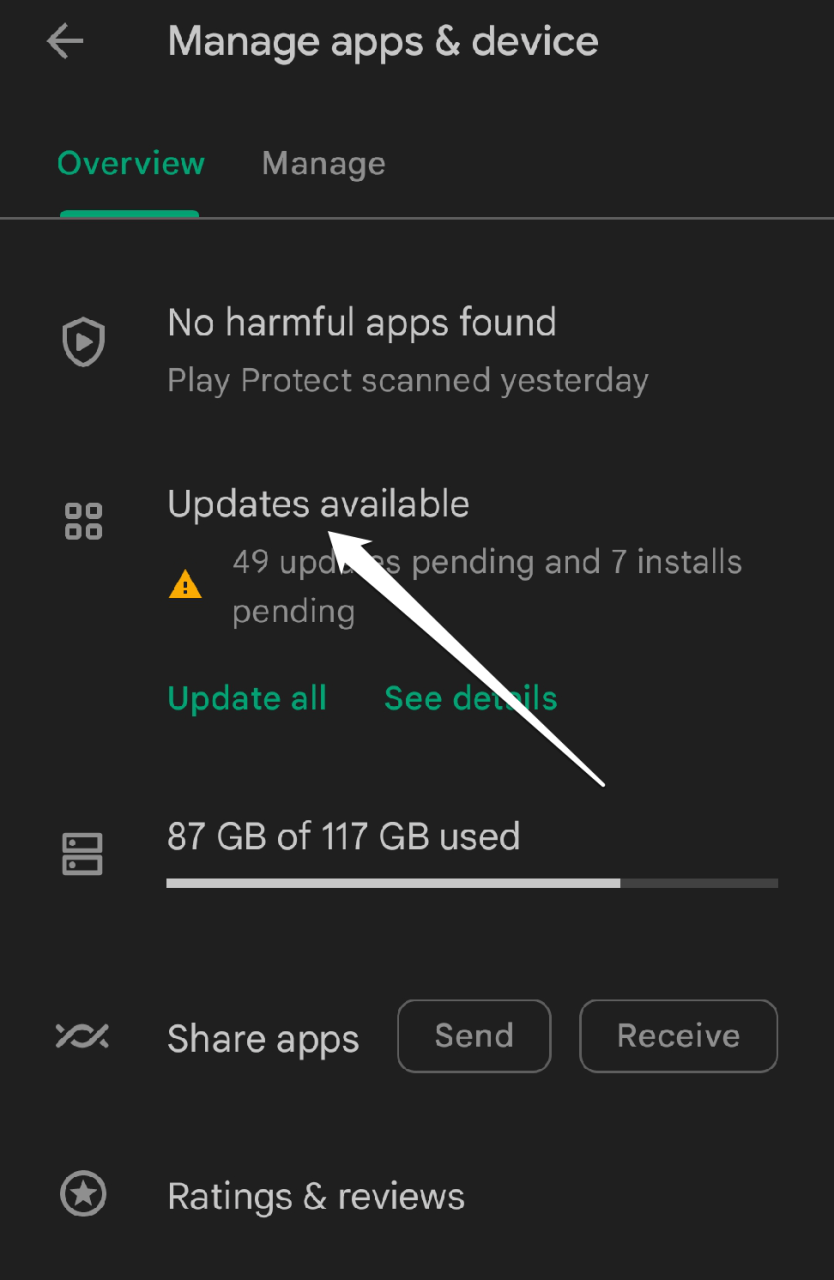 Список доступных обновлений в Google Play