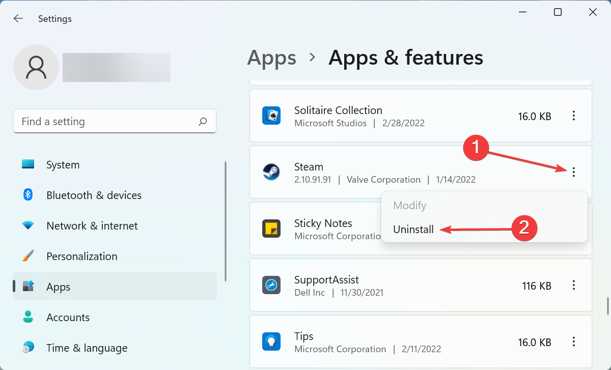 Удаление Steam через параметры Windows