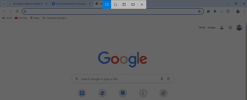 Windows 키와 Shift와 S를 눌러 선택 영역 캡처하는 화면