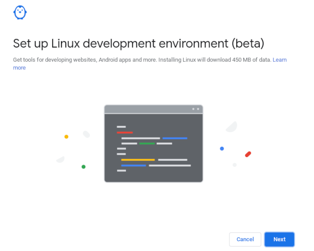 Экран подтверждения включения Linux на Chromebook