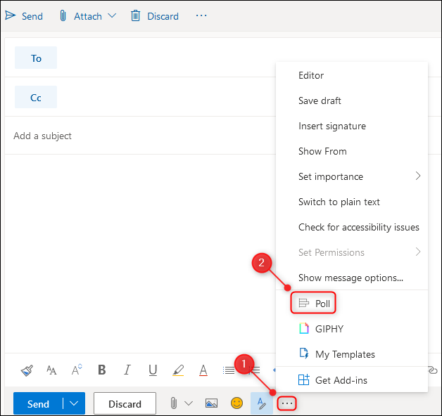 Пункт меню «Опрос» в нижней панели письма на сайте Outlook