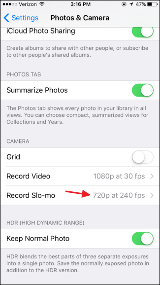 Настройки для записи замедленного видео в iOS