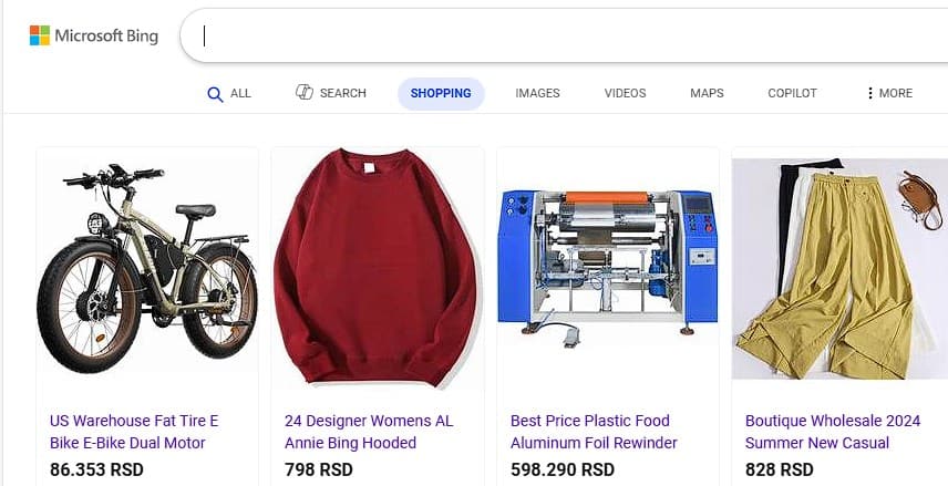 Вкладка покупок в браузере с категориями товаров