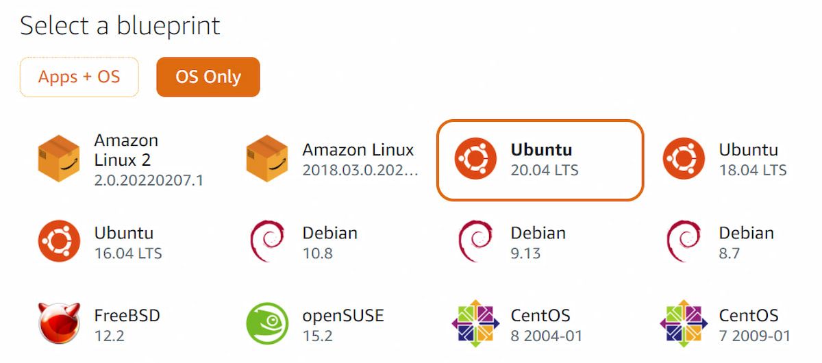 Выбор образа в Lightsail