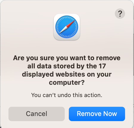 Подтверждение удаления всех данных сайтов кнопка Удалить сейчас