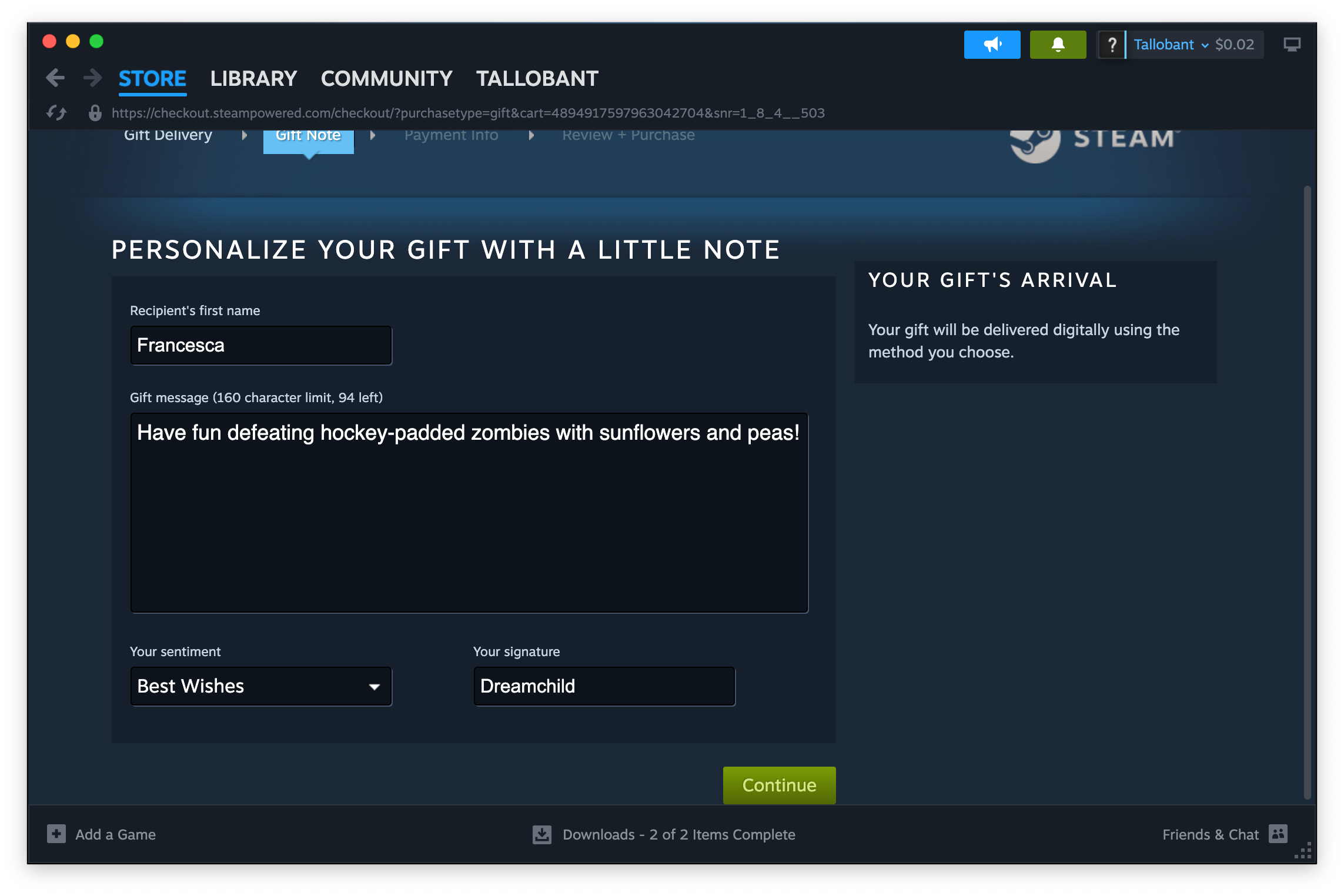 Leaving a note while gifting on Steam