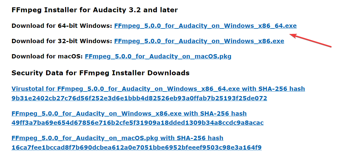 Ссылка на версию FFmpeg для 64‑битных систем