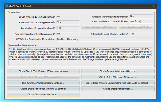 Окно GWX Control Panel с подробной информацией