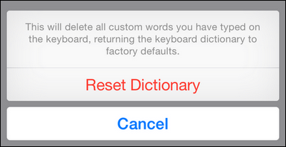 Экран меню сброса с пунктом «Сбросить словарь клавиатуры»