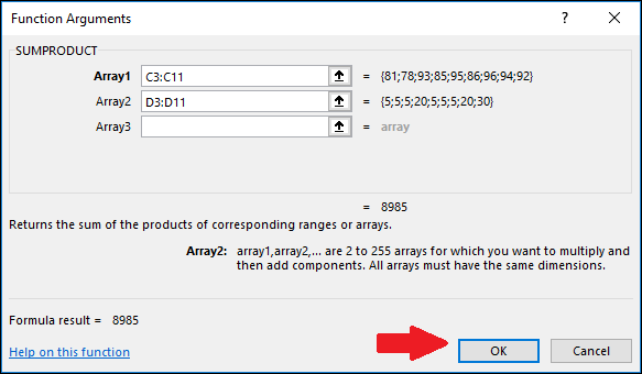 Нажмите OK в окне Аргументы функции