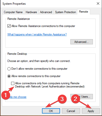Снятие галочки «Разрешать подключения только с NLA»