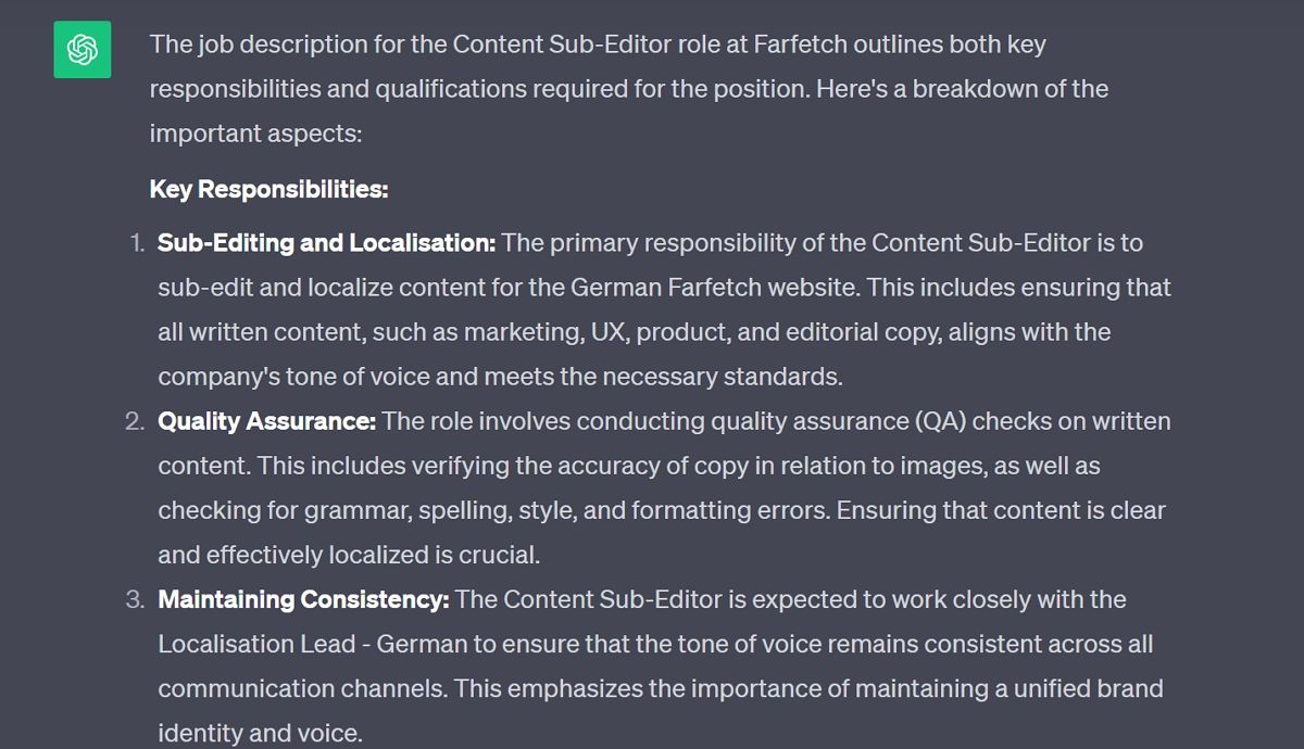 Пример запроса в ChatGPT для анализа описания вакансии