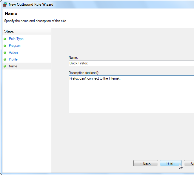 Окно ввода имени и описания правила