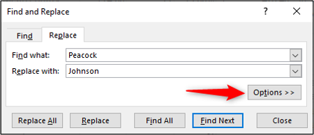 Расширенные параметры Найти и заменить