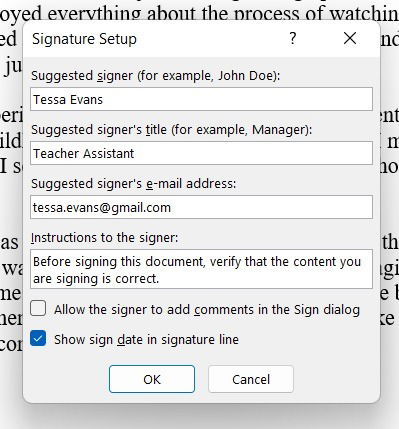 Настройки строки подписи