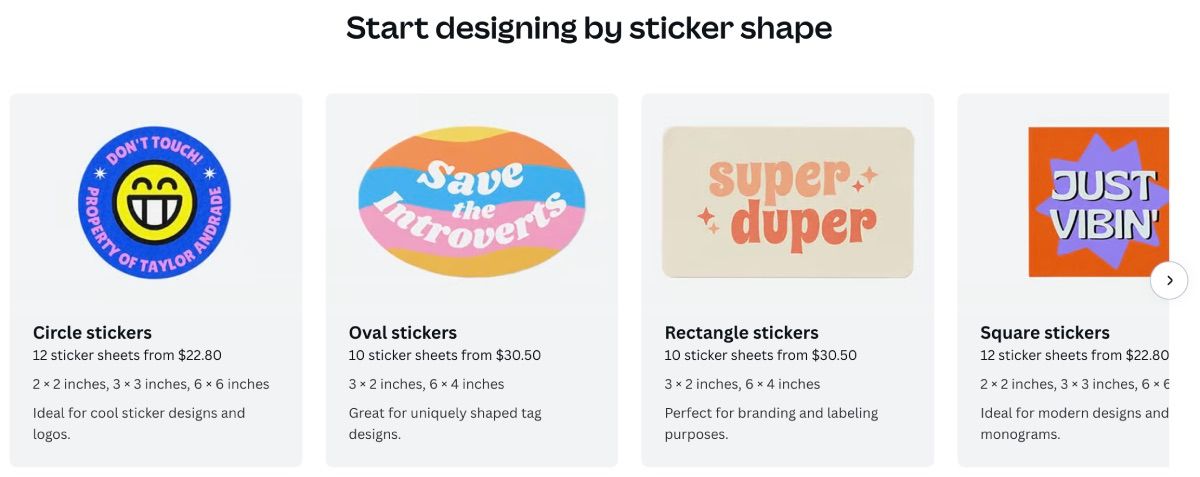 Выбор формы стикера в Canva перед выбором шаблонов