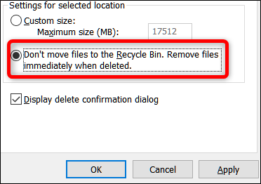 Отключение перемещения файлов в Корзину — скриншот опции