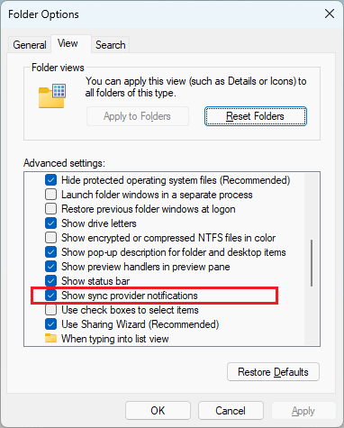Отключение опции Показывать уведомления поставщиков синхронизации в Параметрах Проводника.
