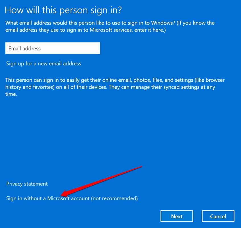 Выбор локальной учётной записи вместо учётной записи Microsoft