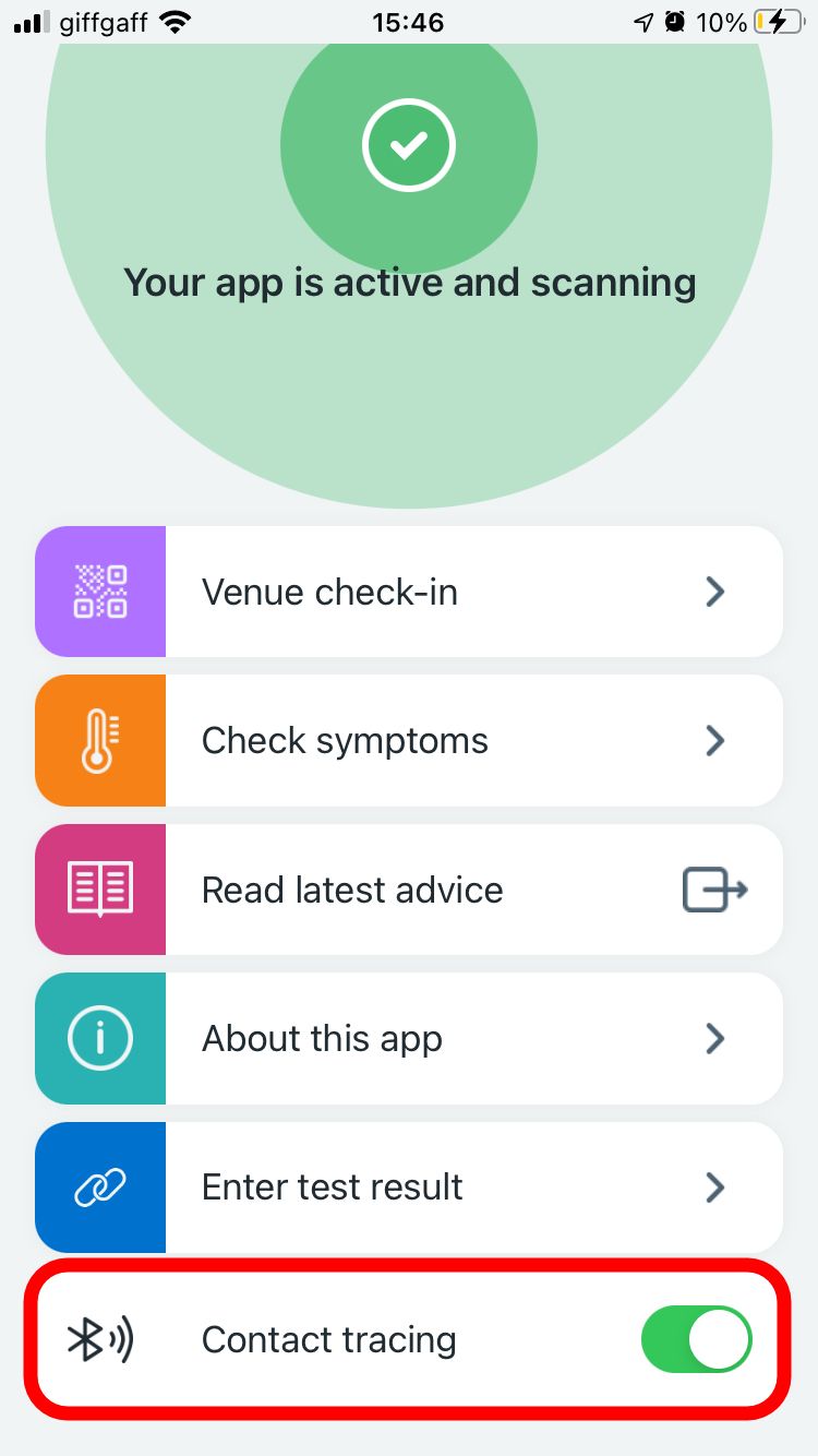 Кнопка отслеживания контактов в приложении NHS COVID-19