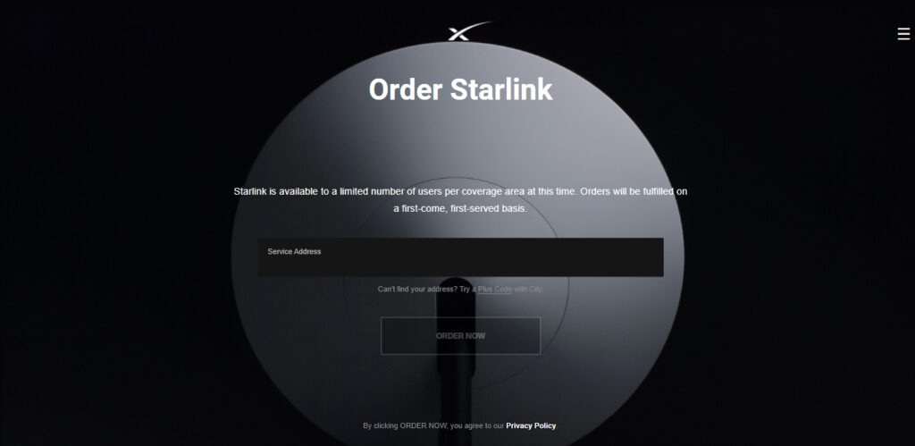 Форма ввода адреса сервиса на сайте Starlink