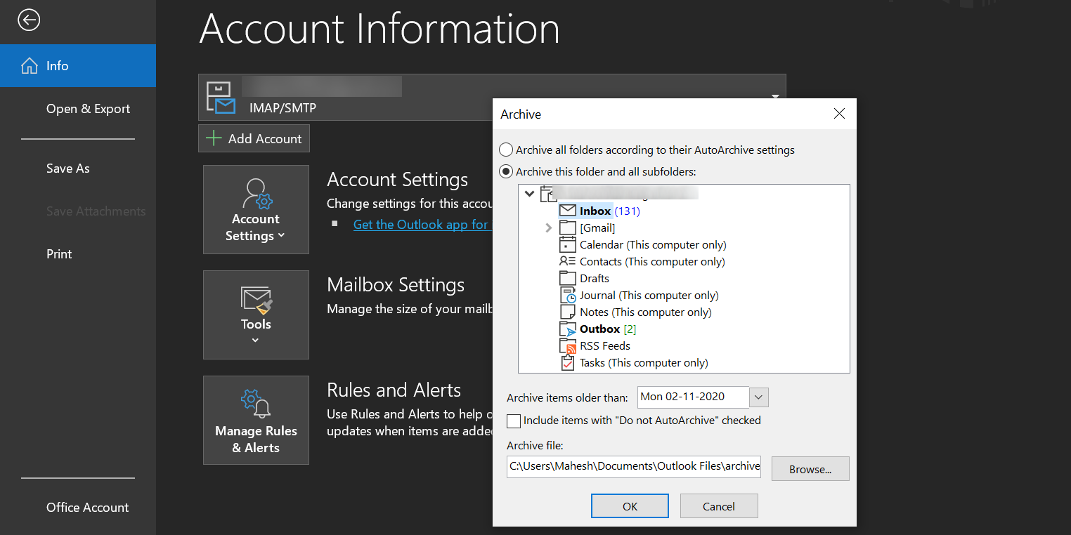 Ручная архивация писем в Outlook на ПК