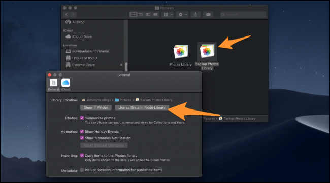Окно настроек Photos с выделенной опцией «Использовать как системную библиотеку»