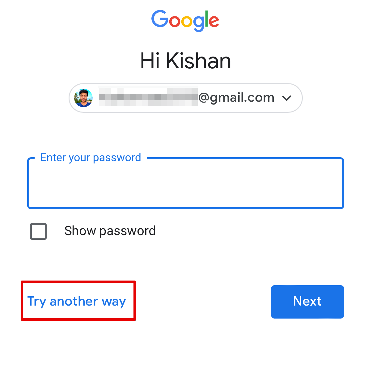 Экран входа Google, выделена кнопка «Попробовать другой способ».