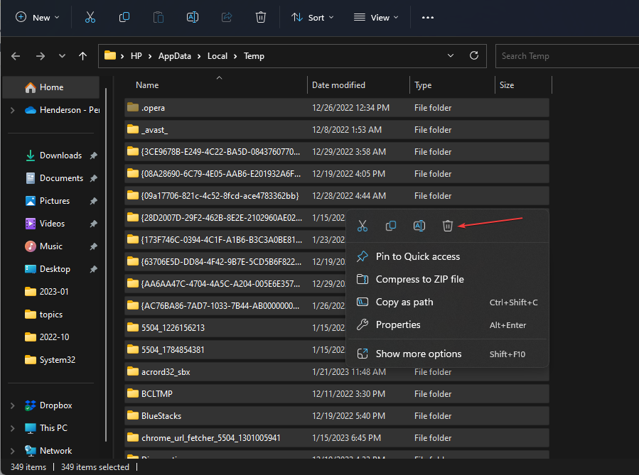 Окно папки %temp% с выделением файлов