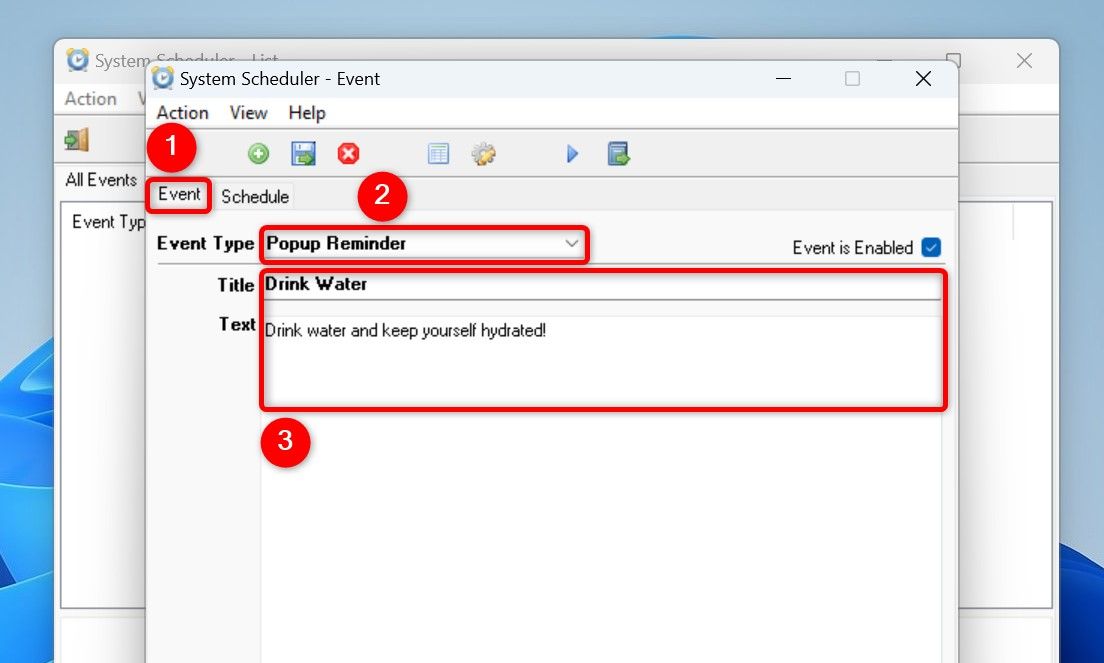 Вкладка Event и её параметры в System Scheduler.