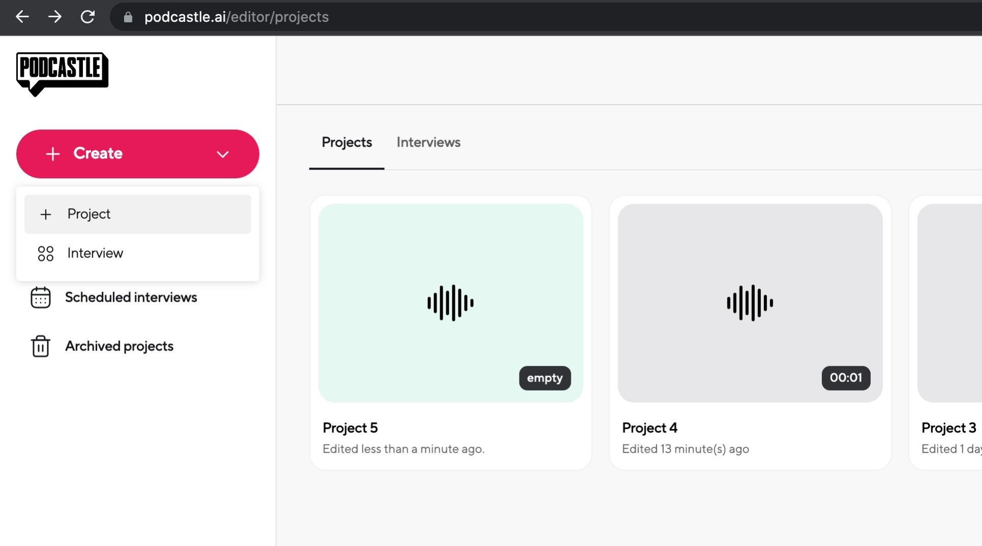 Главная страница Podcastle на Mac с подсветкой опции Create