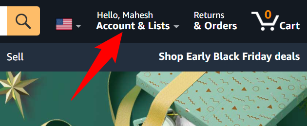 Наведение курсора на пункт «Аккаунт и списки» в правом верхнем углу Amazon.