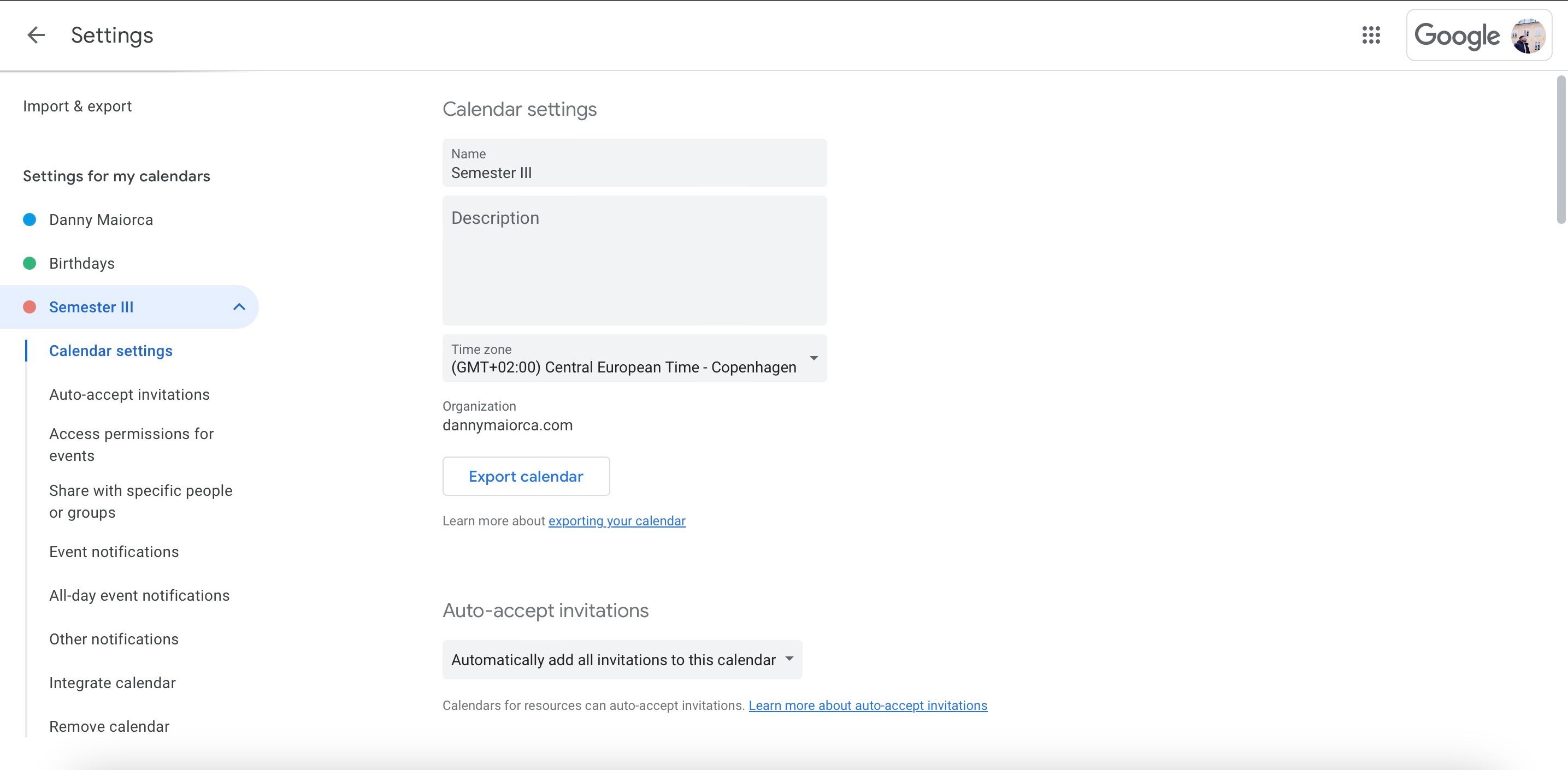 Параметры уведомлений календаря в Google Calendar
