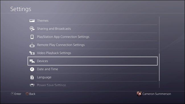 Меню Настройки — Devices (Устройства)