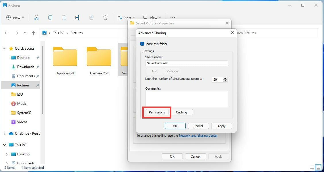 Кнопка Permissions для настройки прав общего доступа