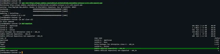 Добавление репозитория Zabbix показано в выводе RPM