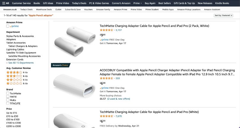 Скриншот поисковой выдачи Amazon по адаптерам для Apple Pencil
