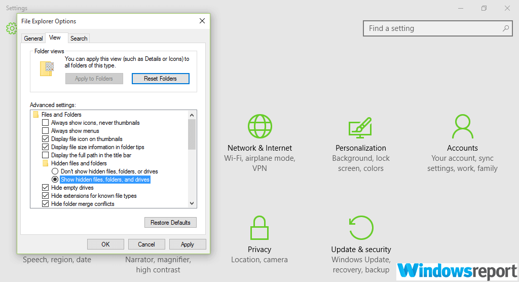 Параметры просмотра: показать скрытые файлы и папки