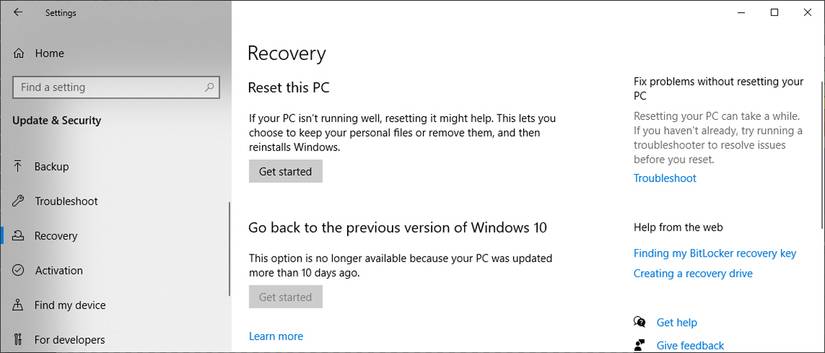Меню восстановления в настройках Windows 10