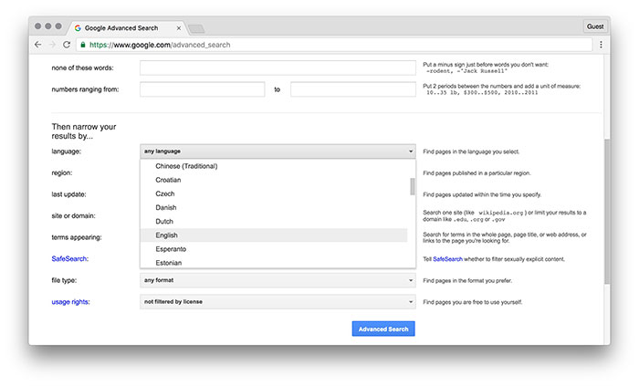 Меню выбора языка в расширенном поиске Google, выбран английский язык